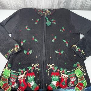 Tiara International VTG Christmas Stocking Beaded Embroidered Zip Cardigan Sweat